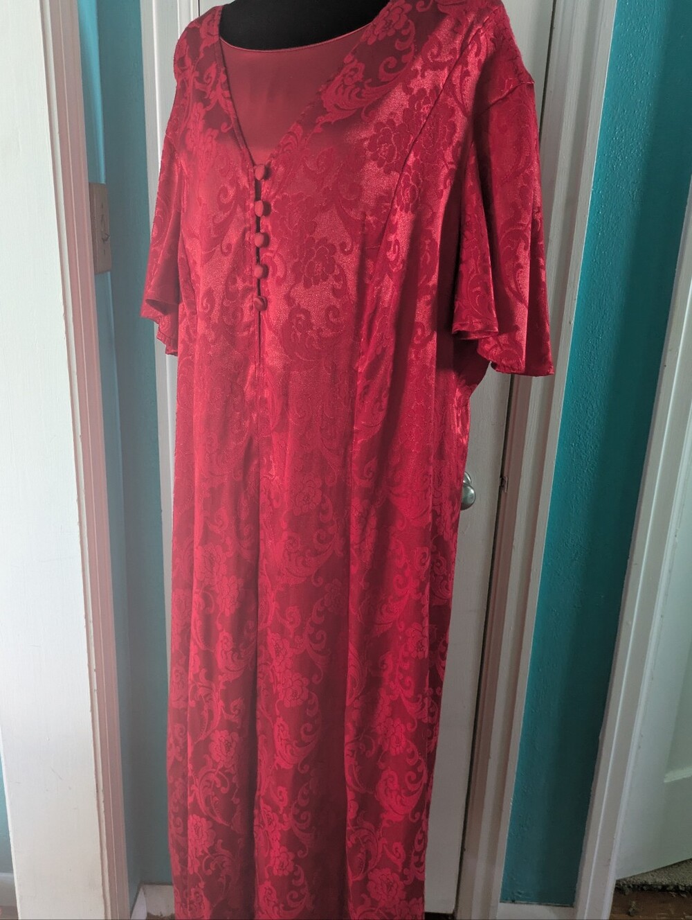 vintage 1990s Olivia rose red satin brocade maxi gown with floral pattern